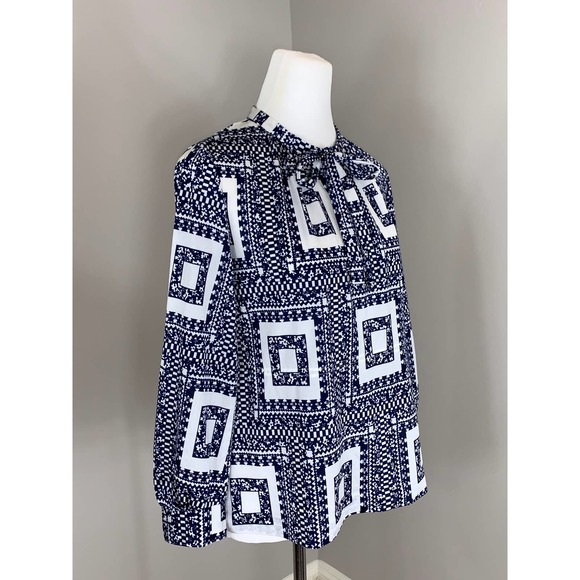 Vintage 70s Bold Geo Graphic Blue White PUS8Y Bow Lilac Mood Style Buttons ~SZ M - Picture 9 of 13